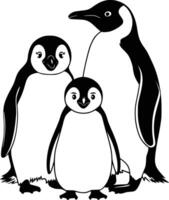 Black and white bold illustrations of a penguin family, isolated on white background. vector