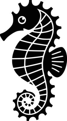 Black and white bold illustrations of a seahorse floating, isolated on white background.