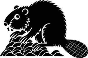 Black and white bold illustrations of a beaver building dam, isolated on white background. vector