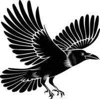 Black and white bold illustrations of a crow flying, isolated on white background. vector