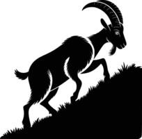 Black and white bold illustrations of a goat climbing hill, isolated on white background. vector