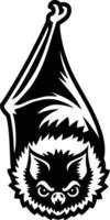 Black and white bold illustrations of a bat hanging upside down, isolated on white background. vector