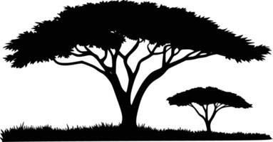 Black and white bold illustrations of a savannah with acacia tree, isolated on white background. vector