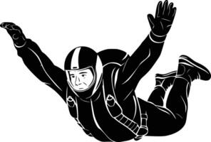 Black and white bold illustrations of a skydiver freefall, isolated on white background. vector