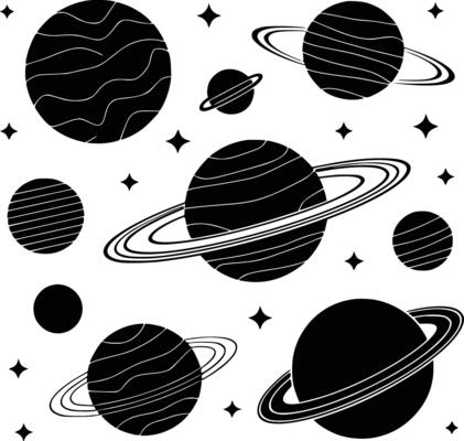 Black and white bold illustrations of a solar system planets, isolated on white background.