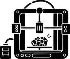 Black and white bold illustrations of a 3d printer working, isolated on white background. vector
