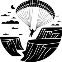 Black and white bold illustrations of a paraglider over cliffs, isolated on white background. vector