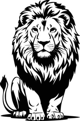 Black and white bold illustrations of a majestic lion, isolated on white background.