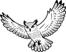 Black and white bold illustrations of a flying owl, isolated on white background. vector