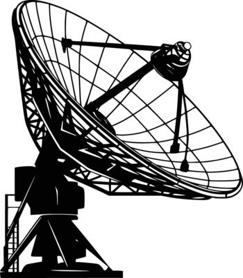 Black and white bold illustrations of a satellite dish, isolated on white background.