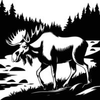 Black and white bold illustrations of a moose by river, isolated on white background. vector