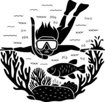 Black and white bold illustrations of a sProrkeler above reef, isolated on white background. vector