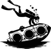 Black and white bold illustrations of a diver exploring wreck, isolated on white background. vector