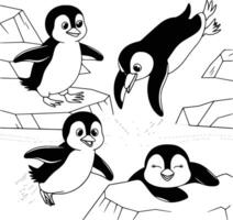 Bold black and white hand-drawn illustrations of 4 funny penguins doodling waddling on ice, diving into water, sliding on bellies, and resting on sProw, isolated on white. vector