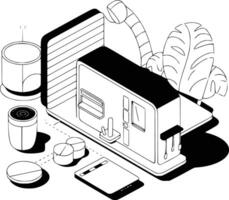 Black and white bold illustrations of a smart home automation, isolated on white background. vector