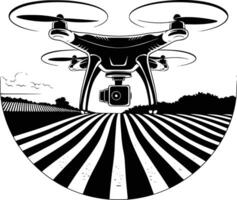 Black and white bold illustrations of a drone flying over fields, isolated on white background. vector