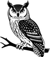 Black and white bold illustrations of a owl sitting on branch, isolated on white background. vector