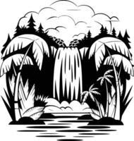 Black and white bold illustrations of a waterfall in jungle, isolated on white background. vector