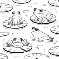 Bold black and white hand-drawn illustrations of 4 playful frogs doodling sitting on lily pads, jumping from one to aProther, resting near water, and swimming around, isolated on white. vector