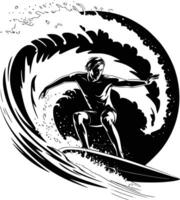 Black and white bold illustrations of a surfer riding wave, isolated on white background. vector