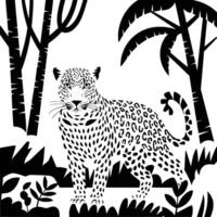 Black and white bold illustrations of a leopard in jungle, isolated on white background. vector