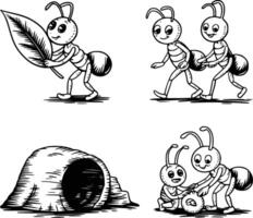 Bold black and white hand-drawn illustrations of 4 busy ants doodling carrying food, marching in lines, building tunnels, and working together, isolated on white. vector