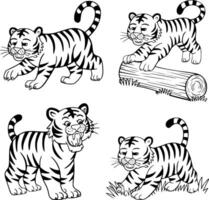 Bold black and white hand-drawn illustrations of 4 tigers doodling prowling through jungles, jumping over logs, roaring loudly, and playing in the grass, isolated on white. vector