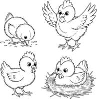 Bold black and white hand-drawn illustrations of 4 chickens doodling pecking at the ground, flapping wings, waddling in the yard, and nesting in hay, isolated on white. vector