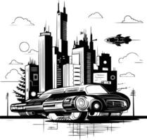 Black and white bold illustrations of a cyberpunk cityscape, isolated on white background. vector