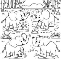 Bold black and white hand-drawn illustrations of 4 playful elephants doodling exploring jungles, splashing in puddles, and having fun in the wild, isolated on white. vector