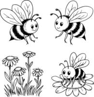 Bold black and white hand-drawn illustrations of 4 cute bees doodling buzzing around flowers, collecting nectar, flying through gardens, and resting on petals, isolated on white. vector
