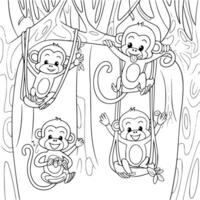 Bold black and white hand-drawn illustrations of 4 playful monkeys doodling swinging through trees, hanging by tails, eating bananas, and playing with friends, isolated on white. vector