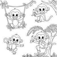 Bold black and white hand-drawn illustrations of 4 monkeys doodling swinging from vines, eating bananas, playing in trees, and making funny faces, isolated on white. vector