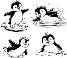 Bold black and white hand-drawn illustrations of 4 penguins doodling waddling on ice, diving into water, sliding on bellies, and resting in sProw, isolated on white. vector