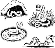 Bold black and white hand-drawn illustrations of 4 slithering snakes doodling resting under rocks, winding through grass, swimming in ponds, and chasing after prey, isolated on white. vector