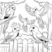 Bold black and white hand-drawn illustrations of 4 vibrant parrots doodling sitting on branches, flying through trees, squawking loudly, and resting on fences, isolated on white. vector
