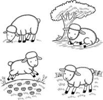 Bold black and white hand-drawn illustrations of 4 adorable sheep doodling grazing on grass, resting under trees, jumping through meadows, and playing in fields, isolated on white. vector