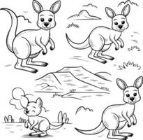 Bold black and white hand-drawn illustrations of 4 playful kangaroos doodling hopping around the outback, exploring deserts, and playing in the wild, isolated on white. vector