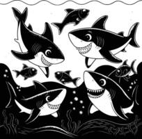 Bold black and white hand-drawn illustrations of 4 cute sharks doodling swimming through the ocean, chasing fish, showing sharp teeth, and playing with bubbles, isolated on white. vector