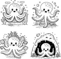 Bold black and white hand-drawn illustrations of 4 cute octopuses doodling exploring the ocean floor, swimming through coral reefs, playing with shells, and hiding in caves, isolated on white. vector