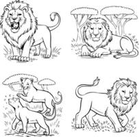 Bold black and white hand-drawn illustrations of 4 lions doodling roaring in the savanna, resting under trees, playing with cubs, and prowling through grasslands, isolated on white. vector