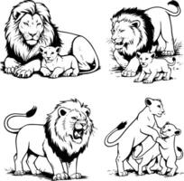 Bold black and white hand-drawn illustrations of 4 majestic lions doodling resting with cubs, hunting together, roaring in the savanna, and playing with their young, isolated on white. vector