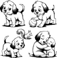Bold black and white hand-drawn illustrations of 4 puppies doodling wagging tails, fetching balls, barking at squirrels, and cuddling with owners, isolated on white. vector