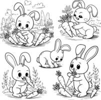 Bold black and white hand-drawn illustrations of 4 cute rabbits doodling munching on carrots, hopping around gardens, and playing with each other, isolated on white. vector