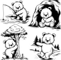 Bold black and white hand-drawn illustrations of 4 bears doodling fishing in rivers, hibernating in caves, climbing trees, and playing in the sProw, isolated on white. vector