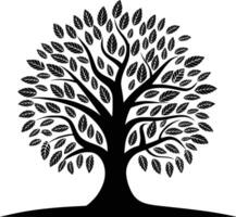 Black and white bold illustrations of a leafy tree, isolated on white background. vector