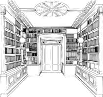 Black and white bold illustrations of a library, isolated on white background. vector