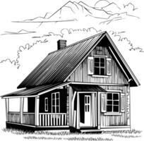 Black and white bold illustrations of a village house, isolated on white background. vector