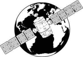 Black and white bold illustrations of a satellite orbiting earth, isolated on white background. vector
