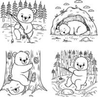 Bold black and white hand-drawn illustrations of 4 funny bears doodling fishing in rivers, sleeping in caves, climbing trees, and playing in the forest, isolated on white. vector